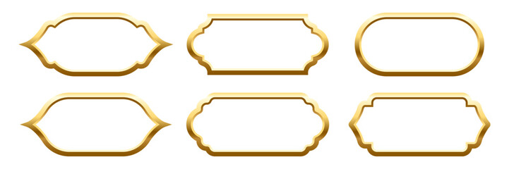 Golden Islam frames. Vintage Arabian, Indian, Turkish decorative shapes isolated on white. Ornamental border set with classic arabesque shapes. Realistic vector illustrations collection.