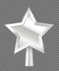 Christmas silver tree topper. Realistic 3D silver star decoration in deco style. Decorative traditional top of Xmas pine tree in winter season isolated on transparent. Vector illustration.