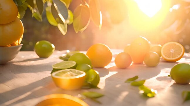 Close up tracking shot of fresh citrus fruit, glistening with dew, vibrant oranges, lemons, and limes