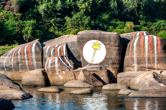 Painted rocks by the Tungabhadra River in Hampi, Karnataka, India