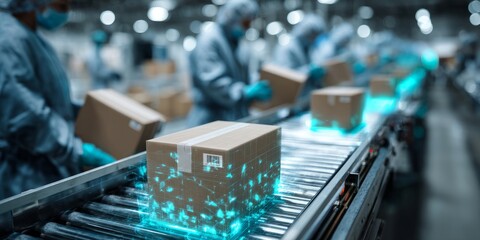 Human workers handling parcels on high-tech automated conveyor line