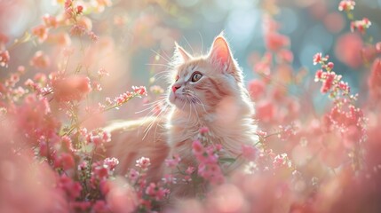 Ginger cat resting amidst pink flowers in sunlight