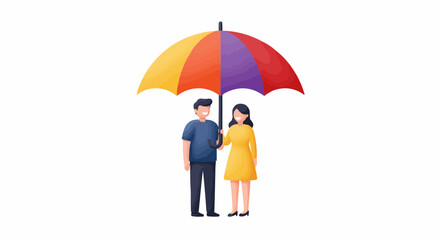 A couple stands together under a colorful umbrella, conveying a sense of protection, love, and togetherness. 