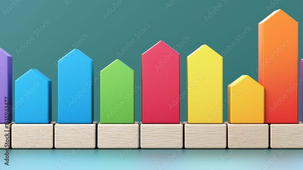 Poster colorful wooden blocks arranged in an upward bar graph pattern against a teal background.