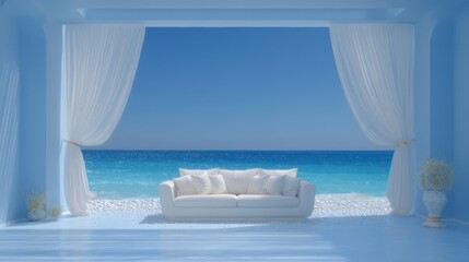 Fototapeta premium Luxury Beachfront Hotel Room Relaxing Sofa Ocean View Sheer Curtains