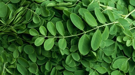 Obraz premium Fresh green moringa leaves, natural vibrant texture, white isolated background.