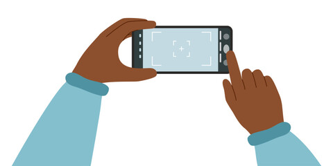 Person taking a photo by a phone camera. Human hands with a phone camera isolated on white. Vector clipart. Phone screen mockup.