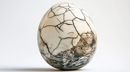 An egg-shaped ceramic sculpture with a white glaze and a network of black and gray cracks. The cracks create a texture and a sense of age and fragility. The 