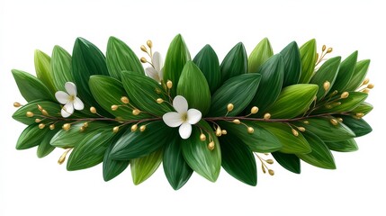 Fototapeta premium Lush Green Leaf Wreath with White Flowers Gold Accents Botanical Illustration