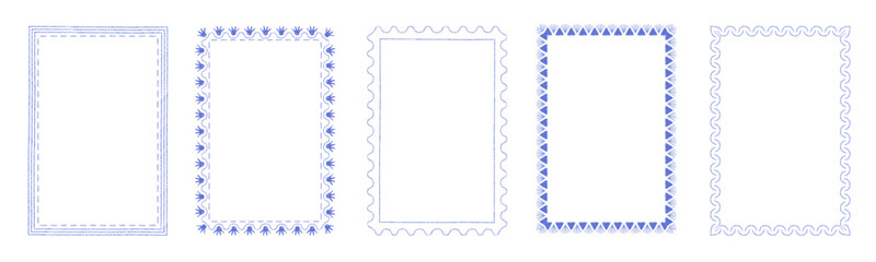 Fototapeta premium Retro stamp frames with border ornament with crayon texture. Blue poster frames in Italian coastal style for wedding, menu and postcard. Rectangle sketch borders, vector illustration