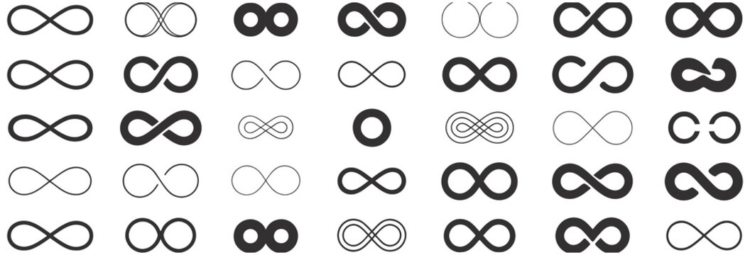Infinity symbols collection in black vector style on white background for logo design, branding, math concepts, and creative graphic use

