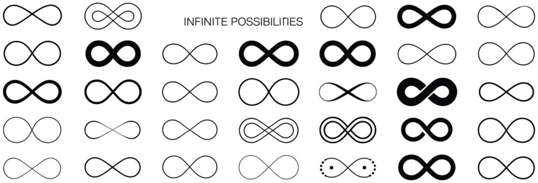 Black infinity vector icon set on white background featuring classic and artistic styles for branding, logos, and symbolic design

