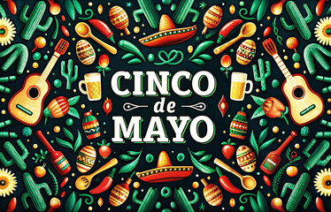 Obraz premium Cinco de mayo festive illustration with guitars and sombreros