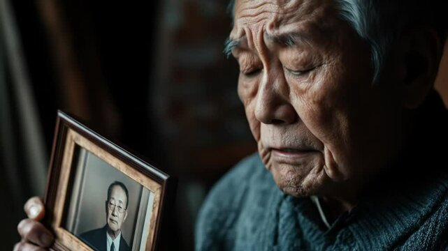 Elderly man somberly views framed photo
