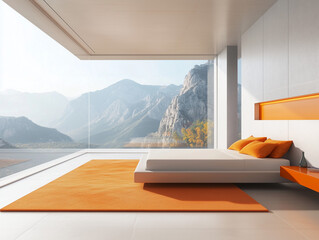 Modern Bedroom Interior with Mountain View and Orange Accents Provides Relaxation