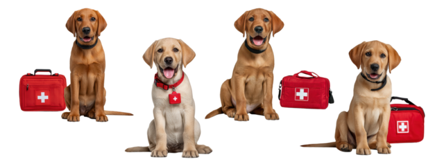 Labrador puppies with first aid kits isolated on transparent background