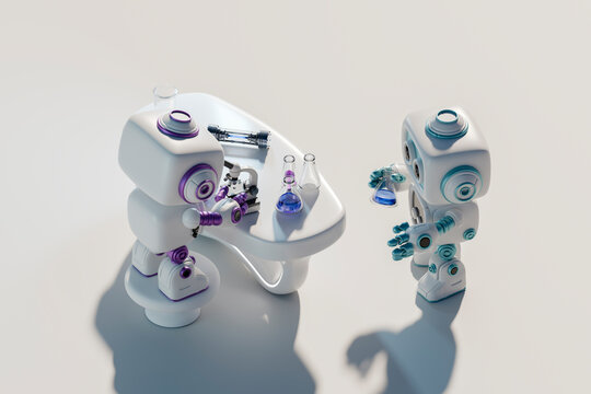 Two robots conducting research in a futuristic laboratory setting