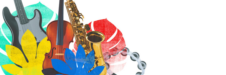 Banner. Conceptual art collage. Instruments bloom from stylized leaves like jungle flora, mixing genres in wild harmony. Music Fusion Garden. Concept of genre mix, creative unity, fusion of sounds