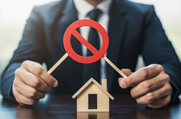 Businessperson holding a wooden house with a red prohibition sign, symbolizing a ban on homeownership