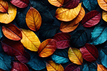 Fototapeta premium Flat lay of vibrant autumn leaves in purple, yellow, orange, and blue forming a colorful seasonal pattern