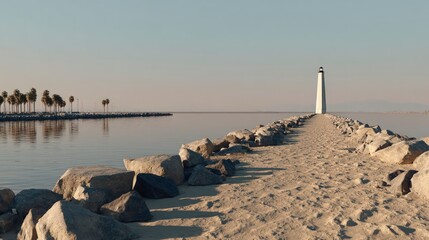 Obraz premium Serene Coastal Lighthouse Path Ocean Rocks Palms Sunset