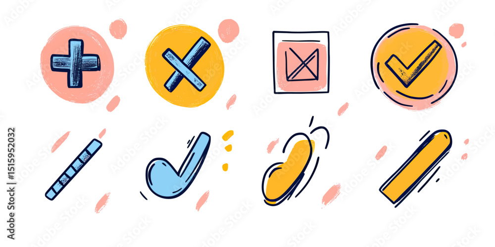 Poster set of hand drawn check marks, cross marks, plus signs, and abstract doodle elements in colorful min