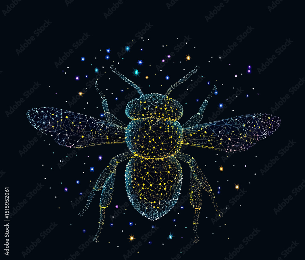 Poster abstract digital bee composed of glowing starry dots and connected lines in cosmic style on dark bac