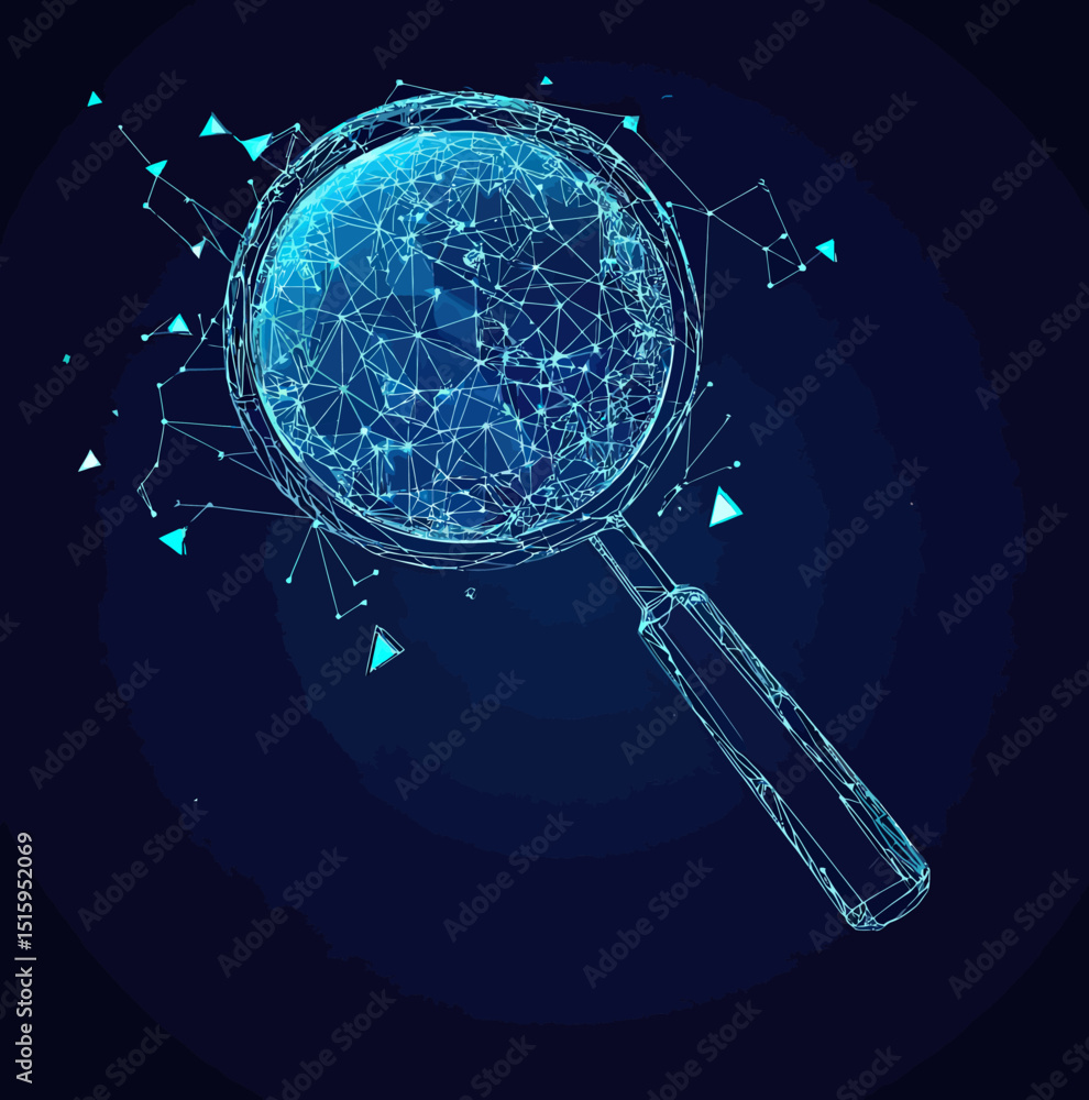 Aufkleber digital polygonal magnifying glass with interconnected network lines and dots glowing blue on dark b