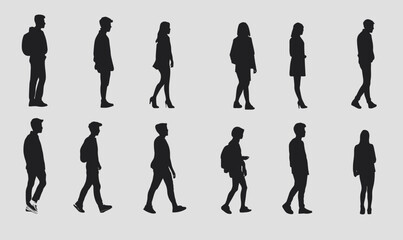Fototapeta premium Black silhouette vector of diverse people walking sideways in minimalist style showing casual poses and everyday movement from different angles without background