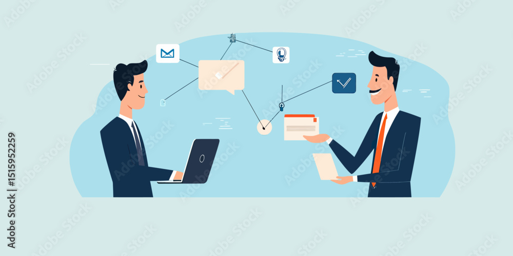 Poster business professionals exchanging digital data and communication through laptop and document in offi