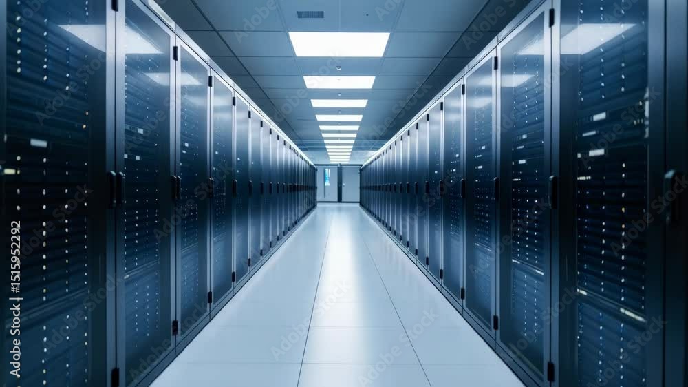 Poster long perspective corridor in server room with rows of rack mounted servers providing storage and com