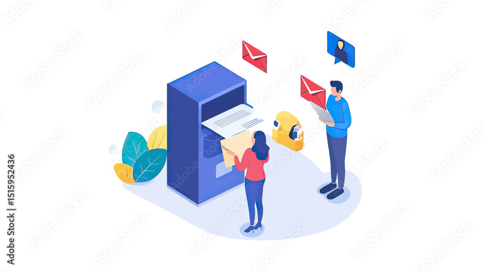Poster isometric people sending and receiving mails at postbox with floating envelope icons digital communi