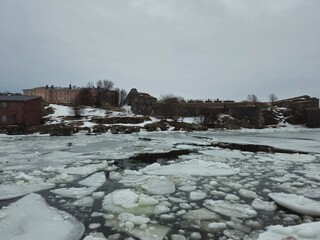 Ice on a sea bay in Suomenlinna fortress in Helsinki, Finland