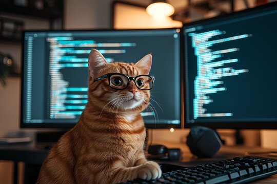 Smart Cat Wearing Glasses Sitting at Office Desk with Computer Screen