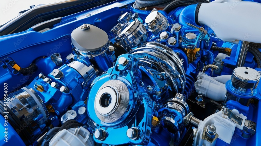 Poster close-up of a high-performance blue engine showcasing detailed mechanical components and engineering