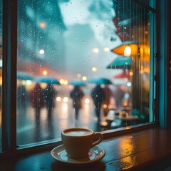 A hyper-realistic photograph taken from inside a cozy café, looking out through a slightly foggy glass window with raindrops streaming down. Outside, the blurred shapes of people walking with umbrella
