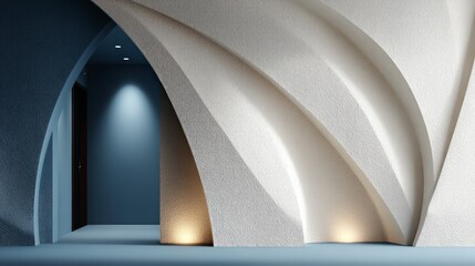 Fototapeta premium Abstract Architectural Interior Design Modern Wall Paneling Elegant Curves Blue Beige