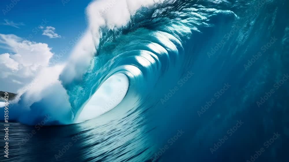 Poster powerful ocean wave cresting under a partly cloudy sky, reflecting sunlight on the water surface, cr