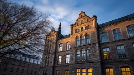 Obraz premium Classical institutional building with ornate stone details and warm interior lighting