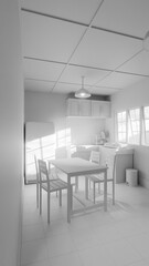 A kitchen with a yellow refrigerator and a green wall. The kitchen is empty and has a very old and worn look. Premium photo 3d render.