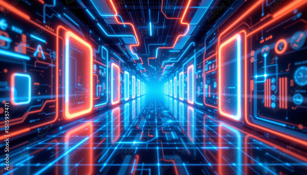Aufkleber digital glowing rectangles illuminate futuristic corridor filled with vibrant neon lights and intric