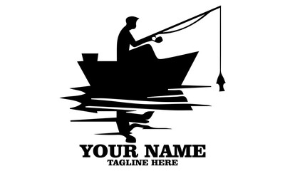 illustration unreported and unregulated fishing vector icon, illustration vector graphic of a young man fishing in the river with a boat and logo icon