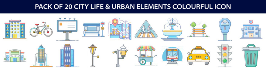 Fototapeta premium Pack of 20 City Life and Urban Elements Colourful Icons Illustration