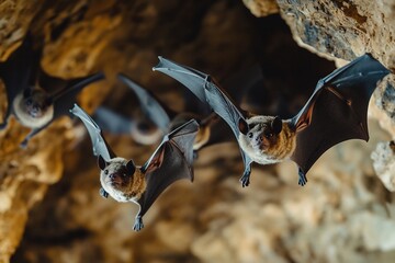 Bats Flying in Dark Cave