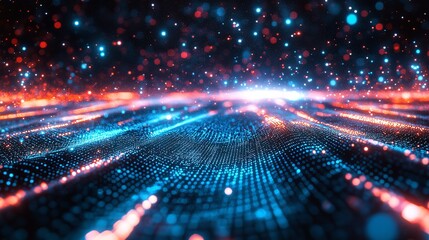Digital data flow, abstract network, glowing particles, dark background, tech backdrop