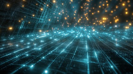 Digital data flow, abstract network, glowing particles, dark background, tech backdrop