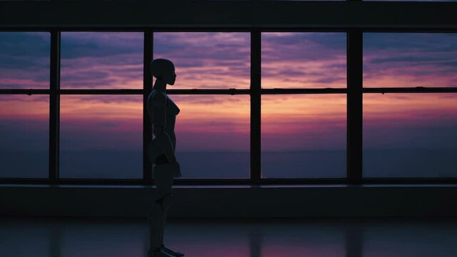 Futuristic gynoid standing motionless, gazing through large window at vibrant sunset painting dramatic purple and orange sky across sleek modern interior space