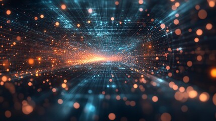 Digital data flow, abstract network, glowing particles, dark background, tech backdrop
