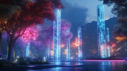 Night forest illuminated with bioluminescent trees under a starry sky
