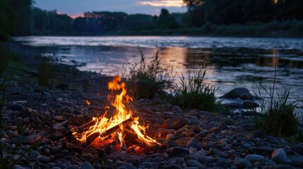 A bright bonfire on the riverbank. Beautiful landscape. Tourist destinations.